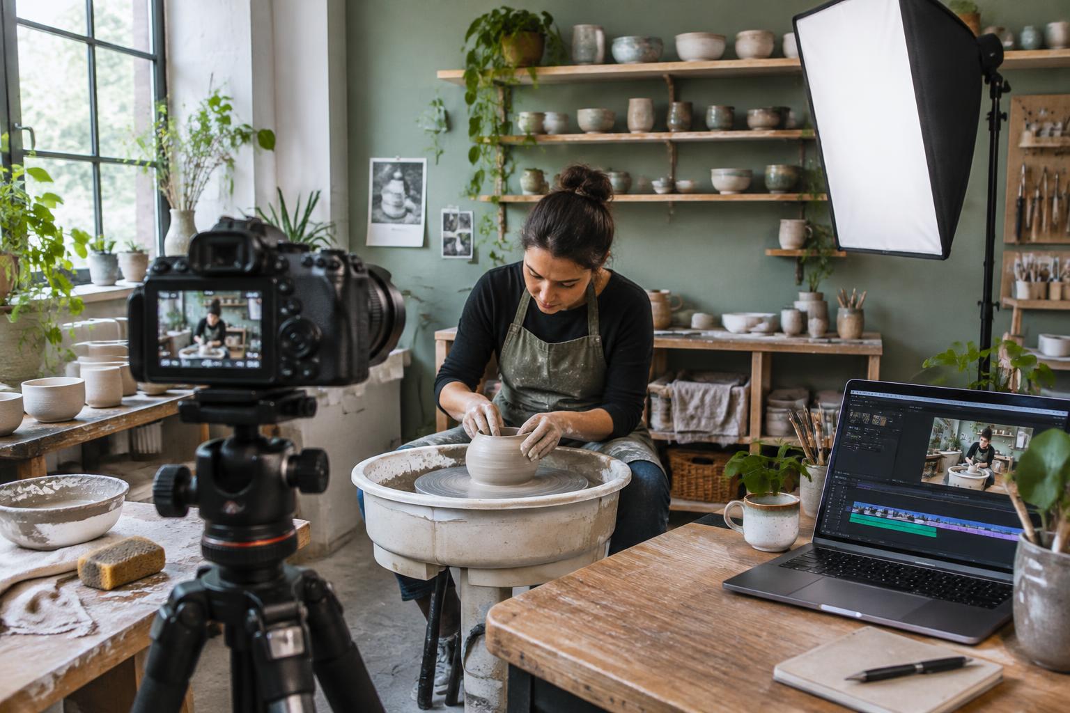 Illustrative content shoot in a ceramic studio with a camera, lighting and editing laptop